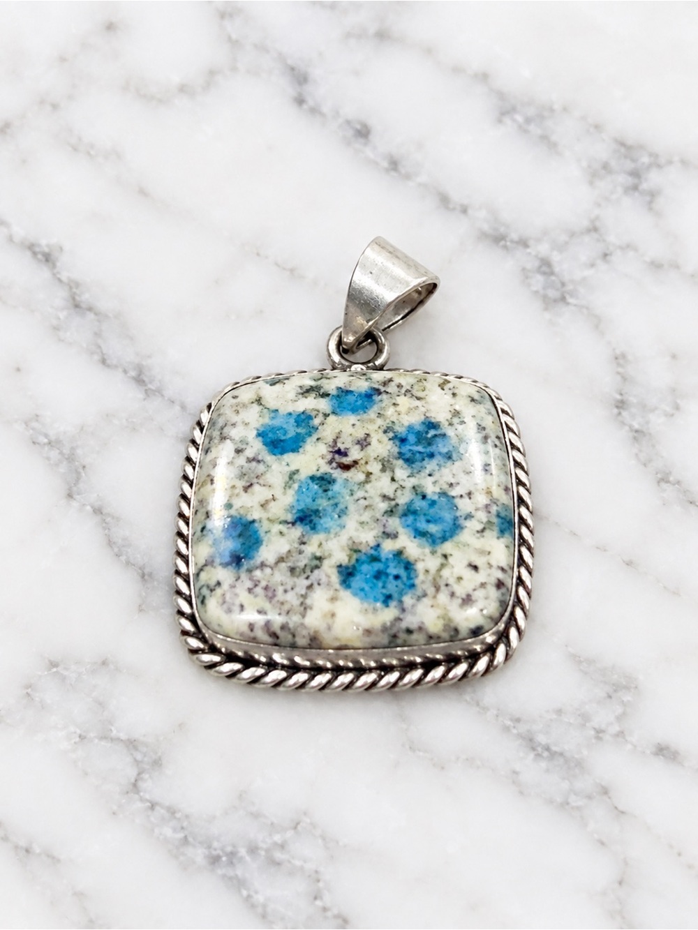 K2 Jasper Silver Plated Square Pendant Blue Azurite Stone Boho Jewelry
